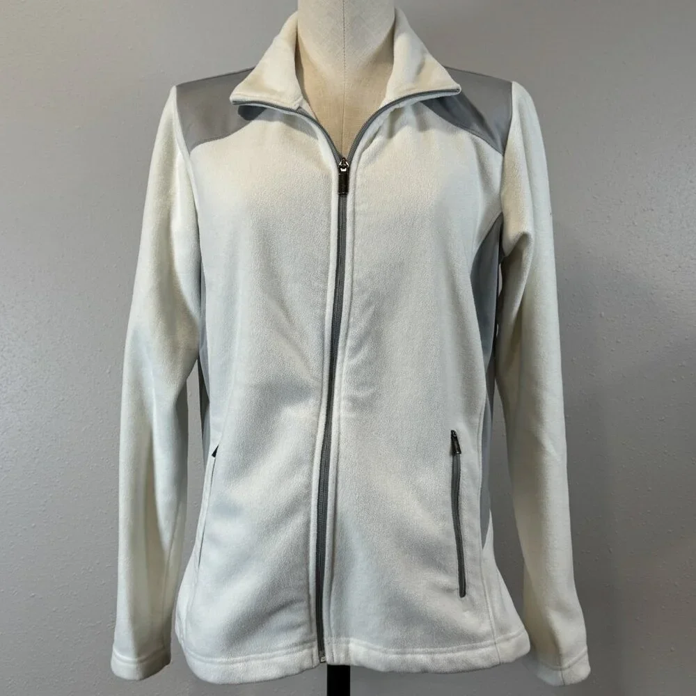 Columbia Sportswear Full Zip Fleece Jacket Womens Size Medium White Gray Pockets - Picture 1 of 16
